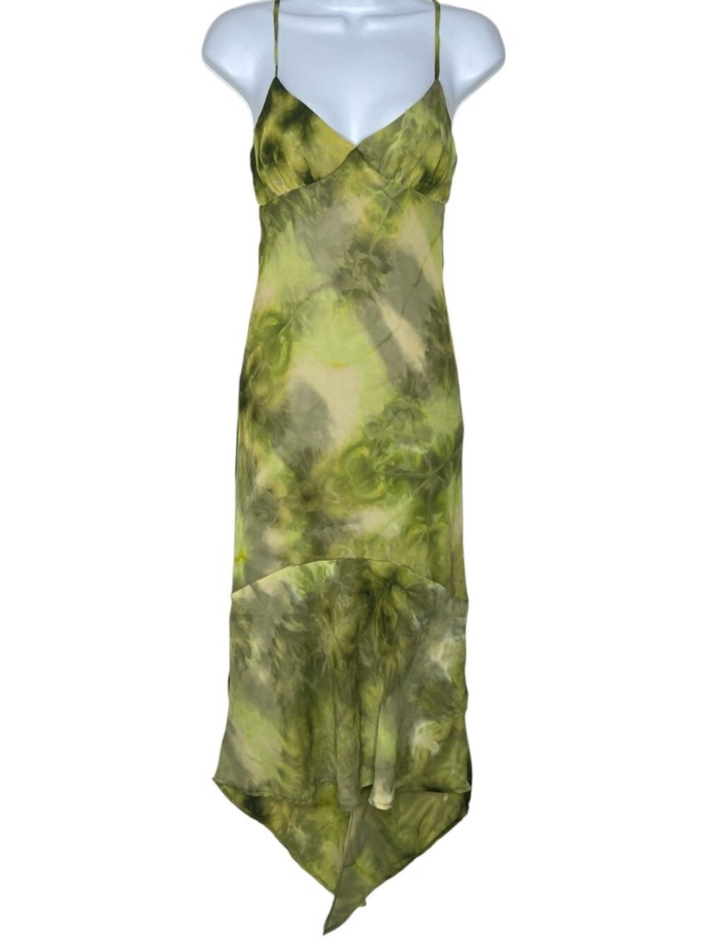RARE Vintage 90S Y2K XOXO Slip Dress Green Tie Dye High Low Hem Fitted Party siz